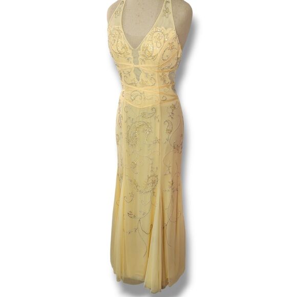 CACHE Vintage Formal Full Length Gown Allov Beaded Halter Tulle Pastel Yellow L - Picture 1 of 12